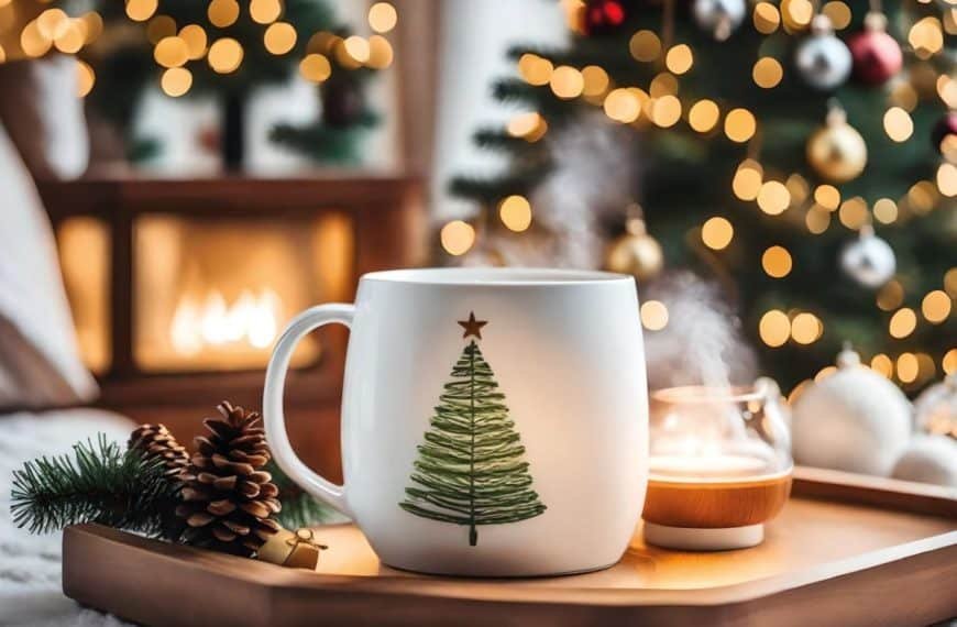 Une Tasse Avec Un Sapin De Noël Se Trouve Sur Un Plateau.