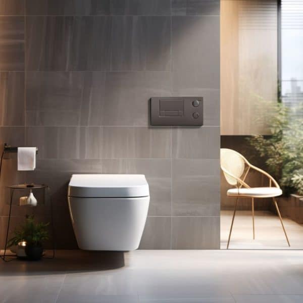 Une Salle De Bain Moderne Avec Toilettes Et Plantes.