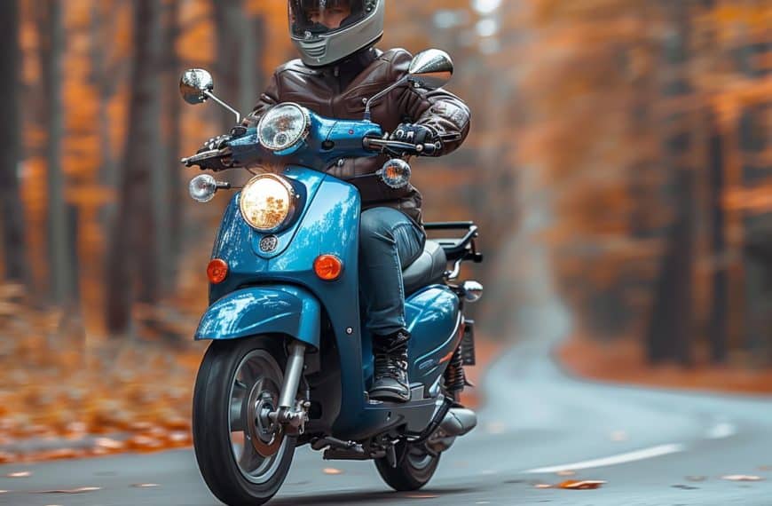 Une Personne Portant Un Casque Et Une Veste En Cuir Conduit Un Scooter Bleu à Travers Une Forêt D'automne Aux Feuilles D'oranger.