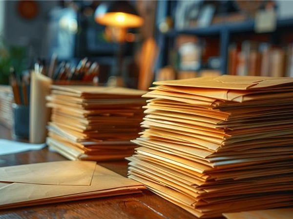 Un bureau encombré contient de grandes piles d’enveloppes en papier cartonné scellées, avec des stylos et d’autres fournitures de bureau en arrière-plan.