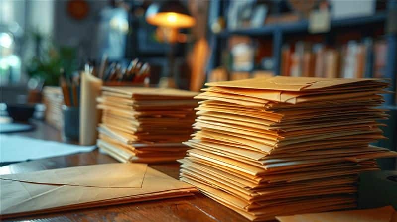 Un bureau encombré contient de grandes piles d’enveloppes en papier cartonné scellées, avec des stylos et d’autres fournitures de bureau en arrière-plan.
