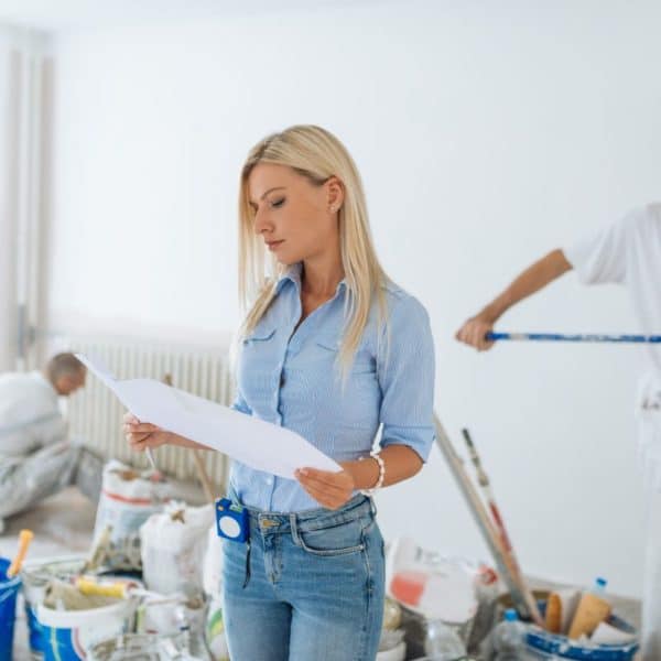 Une Femme En Chemise Bleue Examine Un Document Au Milieu De Travaux De Rénovation. Deux Hommes En Tenue De Travail Blanche Peignent ; L'un Est Sur Une échelle, Tandis Que L'autre Utilise Un Rouleau à Long Manche.