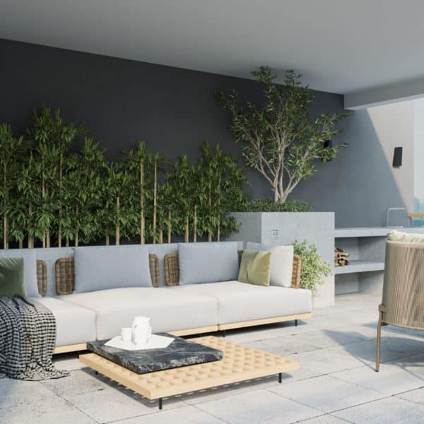 Une Terrasse Sur Le Toit Avec Canapé Moderne, Coussins Et Plantes En Pot Vous Invite à La Détente. Profitez Des Repas à Une Table Basse à Côté Du Gril, Tandis Que Des Chaises D'extérieur Sont Confortablement Installées Sous La Partie Couverte. Entourez Vous D'un Décor élégant Rehaussé De Peinture écologique Pour Une Touche écoresponsable.