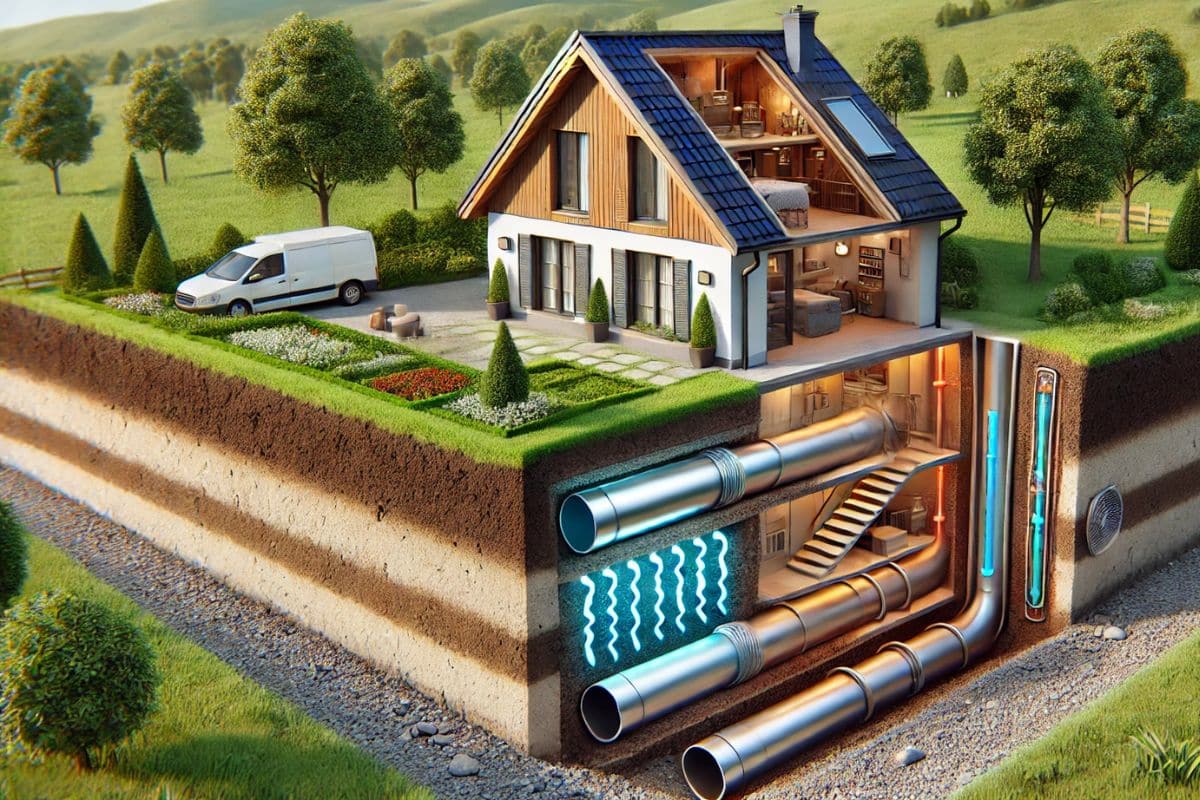 Illustration D'une Maison Avec Vue En Coupe Montrant Des Canalisations Souterraines, Des Systèmes De Chauffage Et Un Puits Canadien. La Maison Est Dotée De Panneaux Solaires Et D'un Jardin Paysager, Située Dans Un Environnement Rural.