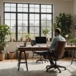 Un Homme Est Assis à Un Bureau Dans Un Bureau à Domicile Moderne Avec De Grandes Fenêtres, De Nombreuses Plantes En Pot, Des étagères Et Une Vue Sur La Ville En Arrière Plan.