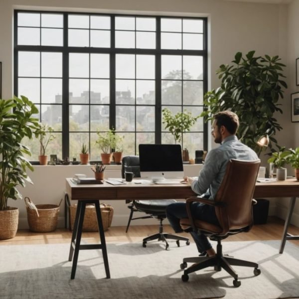 Un Homme Est Assis à Un Bureau Dans Un Bureau à Domicile Moderne Avec De Grandes Fenêtres, De Nombreuses Plantes En Pot, Des étagères Et Une Vue Sur La Ville En Arrière Plan.