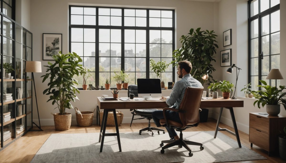 Un Homme Est Assis à Un Bureau Dans Un Bureau à Domicile Moderne Avec De Grandes Fenêtres, De Nombreuses Plantes En Pot, Des étagères Et Une Vue Sur La Ville En Arrière Plan.
