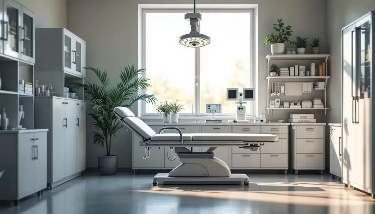 Une Salle D'examen Médical Moderne Avec Une Table D'examen Réglable, Des Armoires, Du Matériel Médical Et Des Plantes Vertes, éclairée Par La Lumière Naturelle D'une Grande Fenêtre.