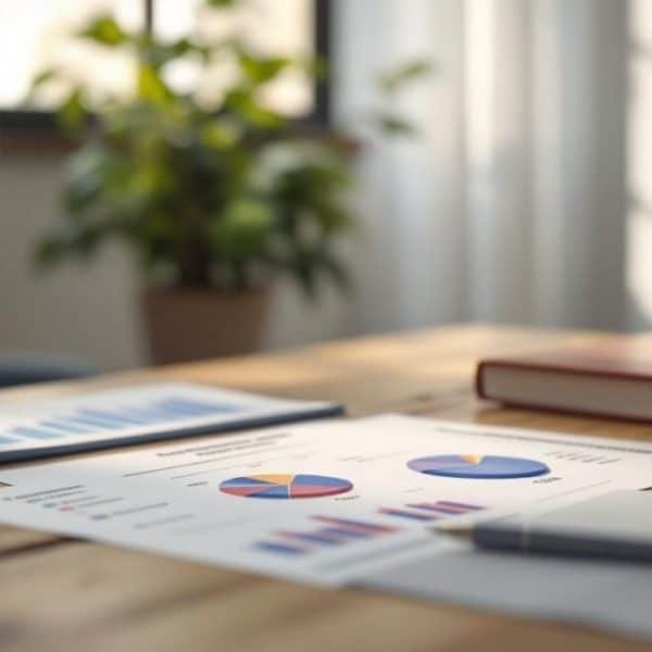Des Feuilles Avec Des Diagrammes En Barres Et Des Diagrammes Circulaires, Un Stylo, Un Carnet Fermé Et Une Tasse à Café Sont Posés Sur Un Bureau En Bois. Une Plante En Pot Et Une Fenêtre Se Trouvent Dans L'arrière Plan Flou.