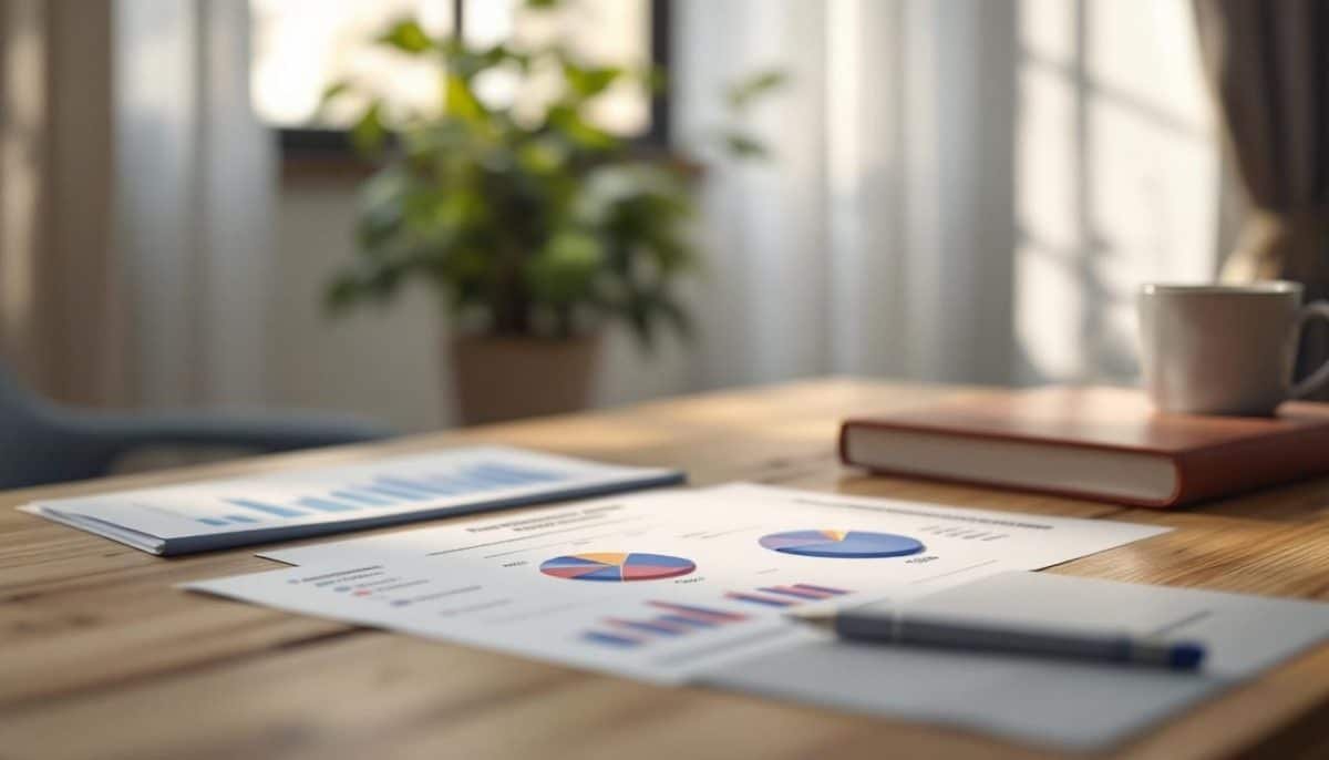 Des Feuilles Avec Des Diagrammes En Barres Et Des Diagrammes Circulaires, Un Stylo, Un Carnet Fermé Et Une Tasse à Café Sont Posés Sur Un Bureau En Bois. Une Plante En Pot Et Une Fenêtre Se Trouvent Dans L'arrière Plan Flou.