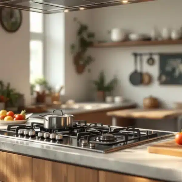Cuisine Moderne Avec Des Armoires En Bois, Une Cuisinière à Gaz Avec Une Casserole Et Des Légumes Frais Sur Le Comptoir. Des étagères, Des Plantes Et Des Ustensiles De Cuisine Sont Visibles à L'arrière Plan.