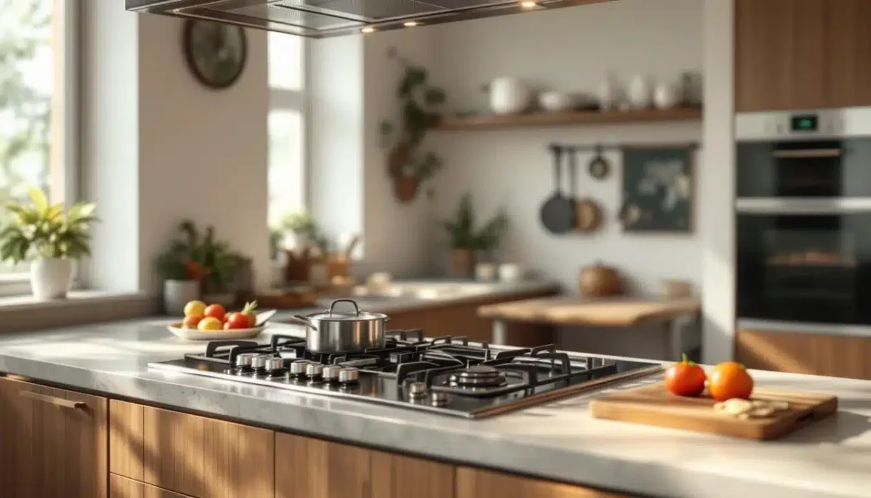 Cuisine Moderne Avec Des Armoires En Bois, Une Cuisinière à Gaz Avec Une Casserole Et Des Légumes Frais Sur Le Comptoir. Des étagères, Des Plantes Et Des Ustensiles De Cuisine Sont Visibles à L'arrière Plan.