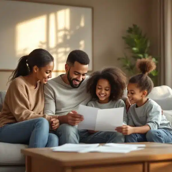 Une Famille De Quatre Personnes Est Assise Sur Un Canapé, Souriant Et Regardant Des Documents Ou Des Papiers Dans Leur Salon.