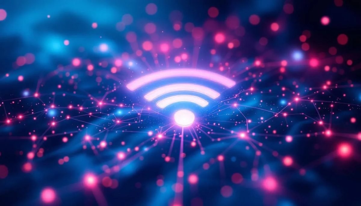 Symbole Wi Fi Lumineux Au Centre D'un Réseau Numérique Dynamique Avec Des Lumières Roses Et Bleues Reliées Par Des Lignes, Représentant La Connectivité Sans Fil Et Le Transfert De Données.