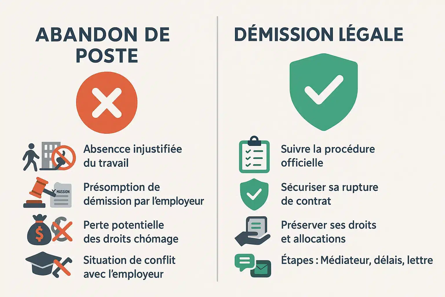 Schéma comparatif abandon de poste vs démission légale