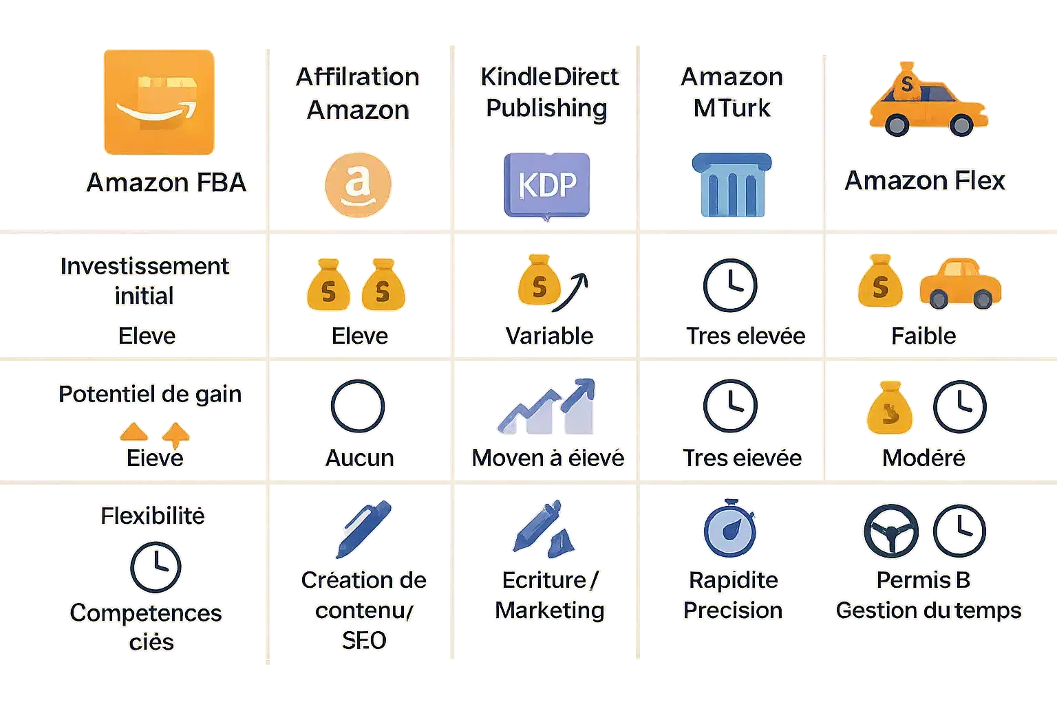 Tableau comparatif des méthodes pour générer un revenu avec Amazon