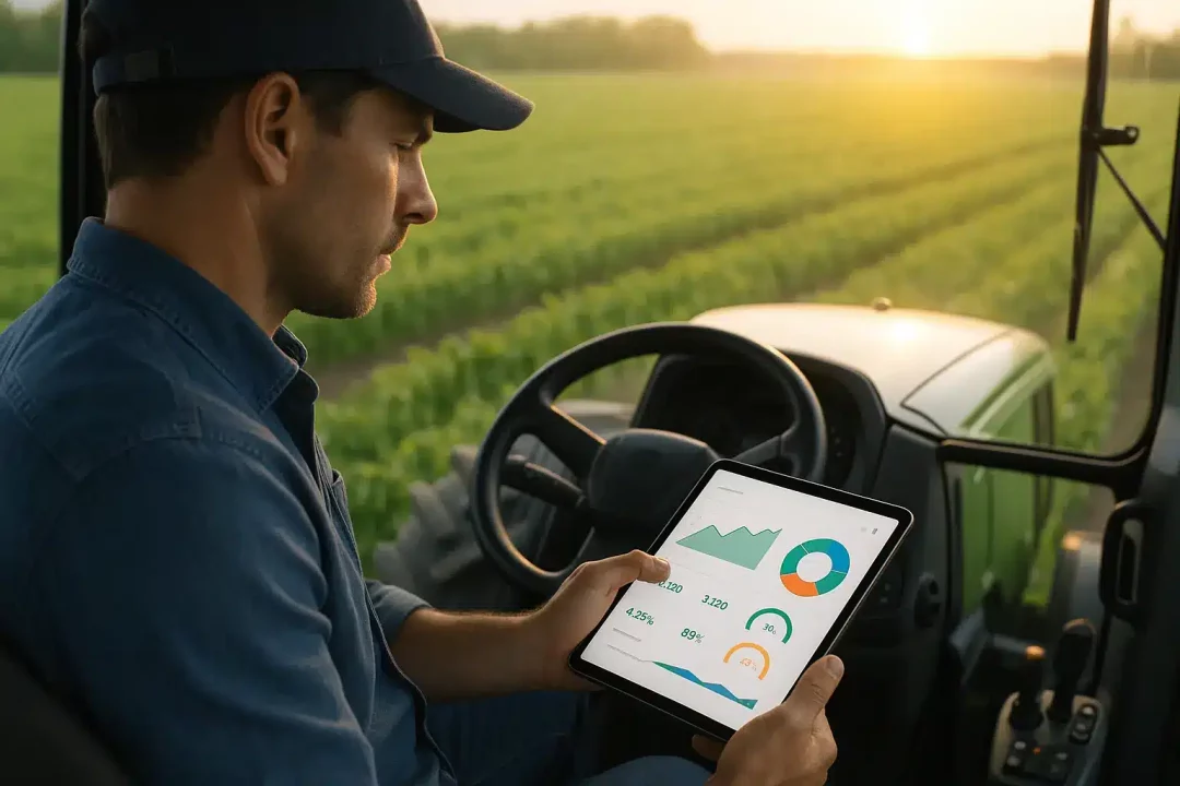 Une Personne Dans La Cabine D'un Tracteur Regarde Une Tablette Affichant Des Tableaux De Données Et Des Graphiques, Les Champs De Culture étant Visibles Par La Fenêtre Au Coucher Du Soleil.