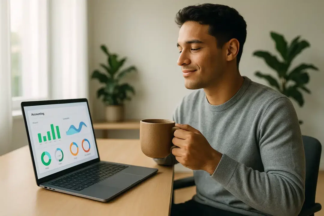 Une Personne Est Assise à Un Bureau, Tenant Une Tasse Et Regardant Un écran D'ordinateur Portable Affichant Des Tableaux Et Des Graphiques Comptables.