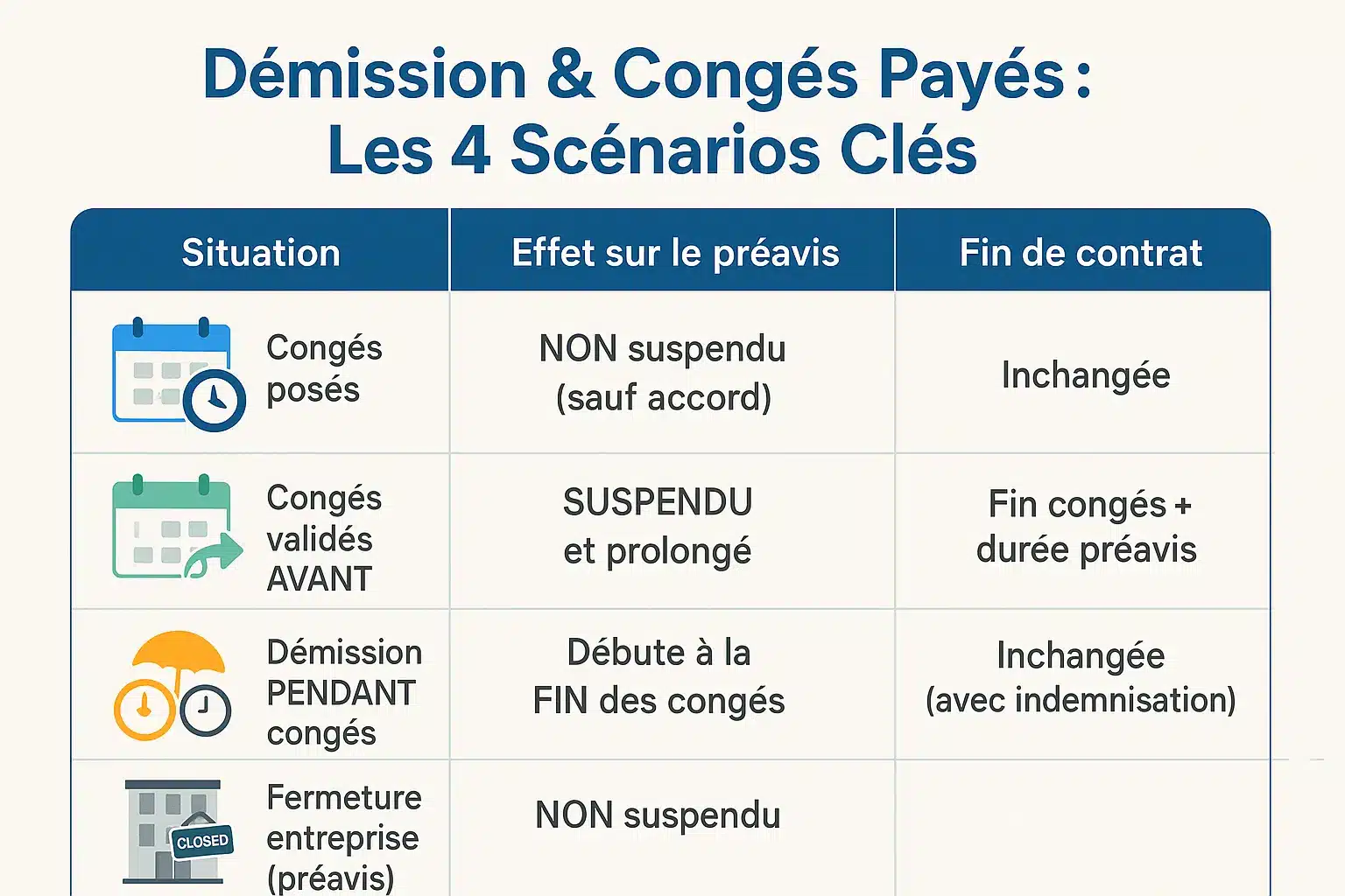 Illustration des <strong>4 scénarios clés pour la démission et les congés payés</strong>