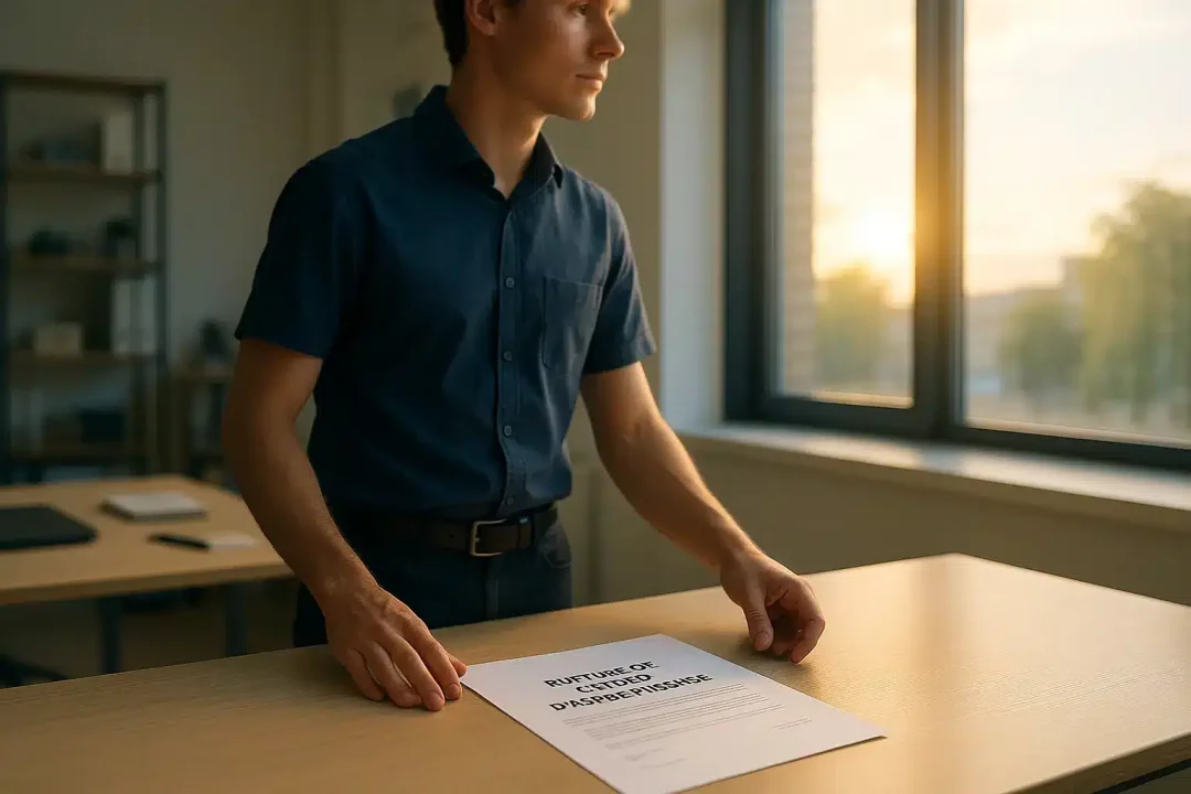 Une Personne Debout Près D'un Bureau Avec Un Document Intitulé "avis De Divorce" Dans Un Bureau, La Lumière Du Soleil Entrant Par La Fenêtre.