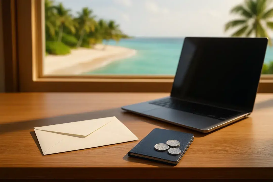Un Ordinateur Portable Fermé, Une Enveloppe Et Un Passeport Avec Des Pièces De Monnaie Reposent Sur Un Bureau En Bois Près D'une Fenêtre Donnant Sur Une Plage Tropicale.