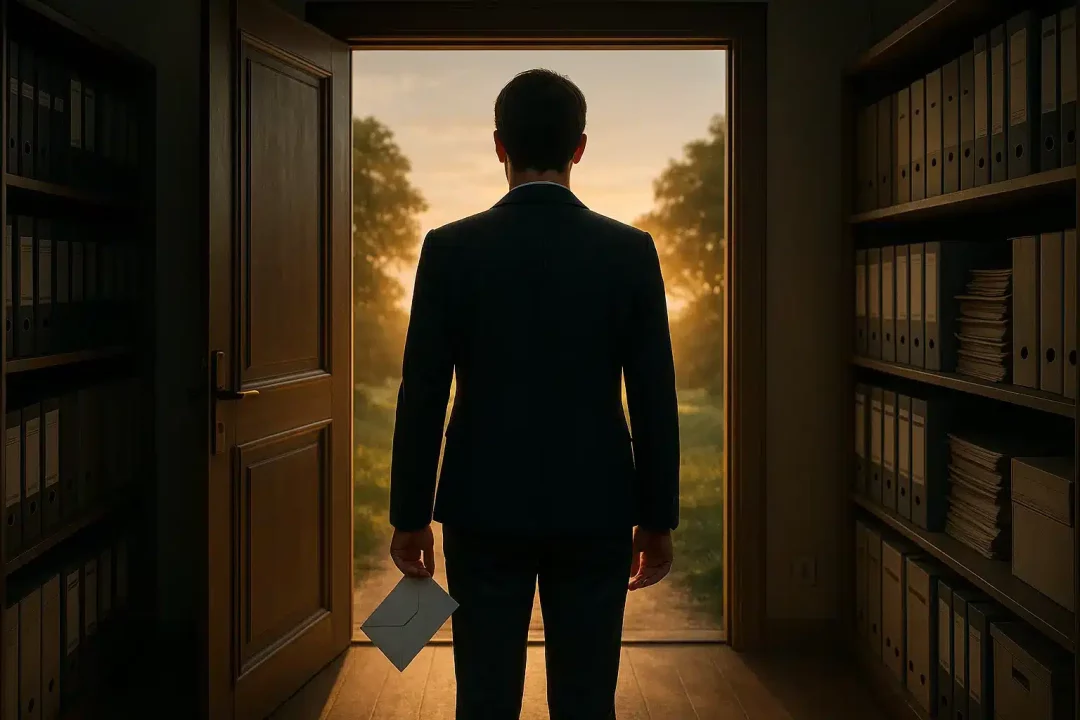 Une Personne En Costume Se Tient Dans L'embrasure De La Porte D'un Bureau, Une Enveloppe à La Main, Et Regarde Un Paysage Ensoleillé Avec Des Arbres.