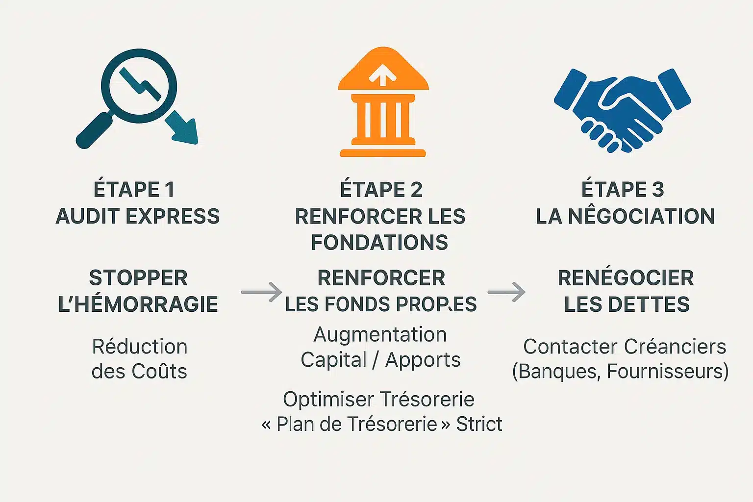 Illustration des étapes pour redresser un bilan financier négatif