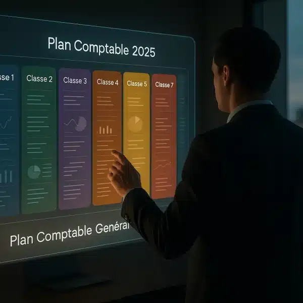 Une Personne En Tenue De Travail Interagit Avec Un écran Numérique Affichant Le "plan Comptable 2025" Avec Des Classes Et Des Tableaux De Comptabilité Codés Par Couleur Dans Un Bureau.