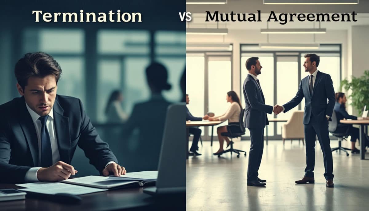 Image Fractionnée : À Gauche, Un Homme Sérieux En Costume Examine Des Documents Portant La Mention "résiliation". À Droite, Deux Hommes En Costume Se Serrent La Main Sous Le Texte "mutual Agreement" Dans Un Bureau.