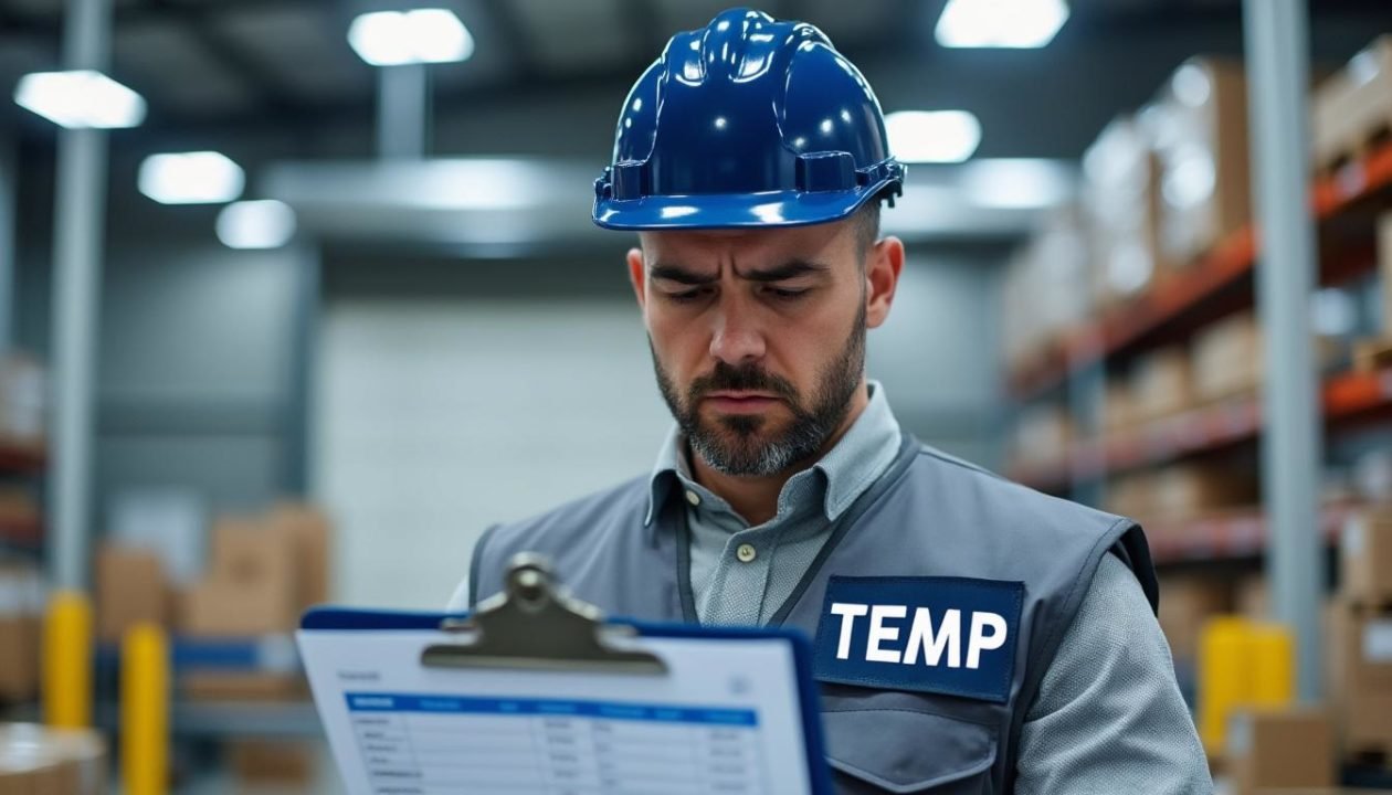 Un Homme Portant Un Casque Bleu Et Un Gilet étiqueté "temp" Consulte Un Presse Papiers Dans Un Entrepôt Avec Des étagères Et Des Boîtes En Arrière Plan.