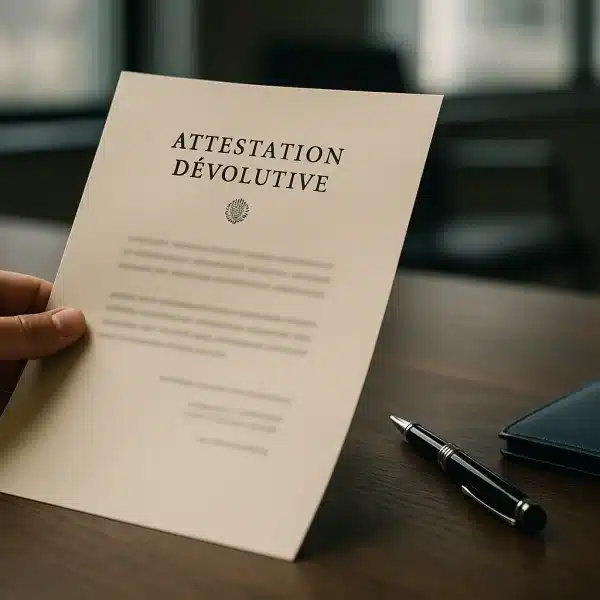 Une Main Tient Un Document Intitulé "attestation Dévolutive" Sur Un Bureau, Avec Un Stylo Et Un Dossier Fermé à Proximité.