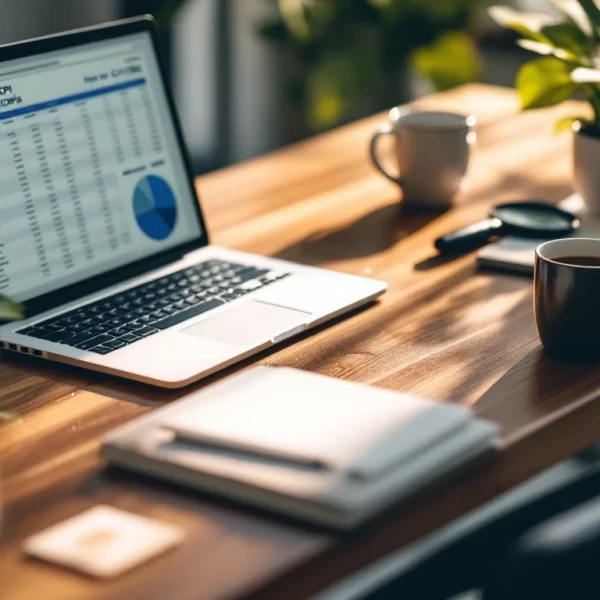 Un Bureau En Bois Avec Un Ordinateur Portable Affichant Des Graphiques, Une Tasse De Café, Des Cahiers, Des Lunettes Et Des Plantes En Pot, Le Tout Baigné Par La Lumière Du Soleil.