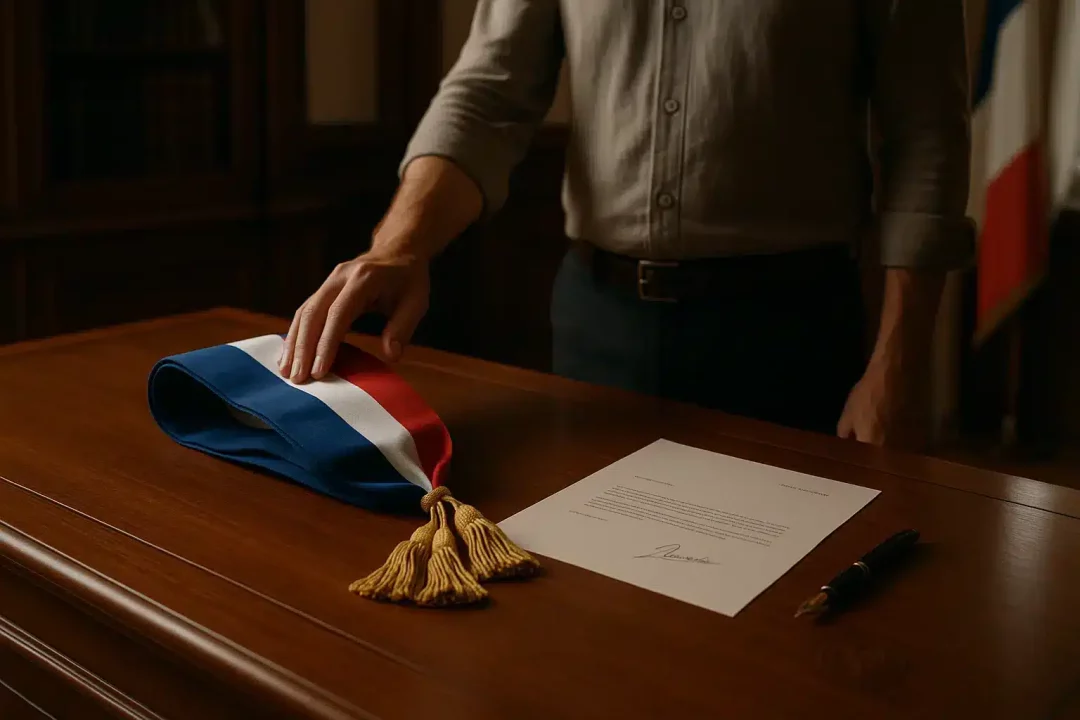 Une Personne Se Tient à Un Bureau En Bois Avec Une écharpe Tricolore, Un Document Et Un Stylo, Ce Qui Suggère Un Cadre Officiel Ou Cérémoniel.
