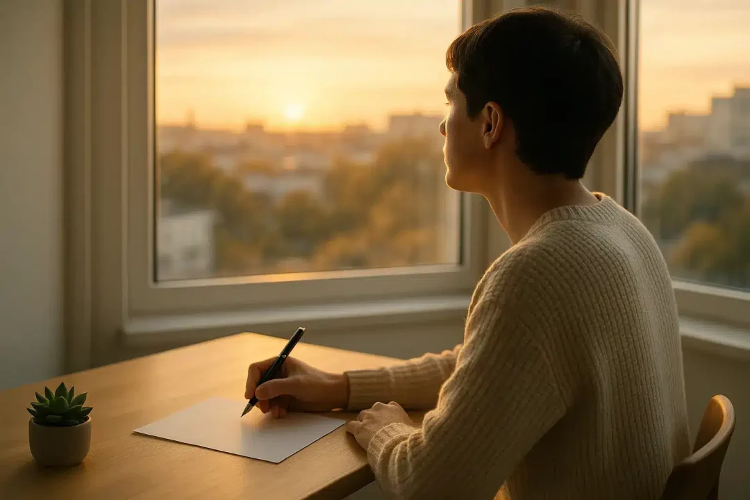 Une Personne Vêtue D'un Pull Over Crème Est Assise à Un Bureau Près D'une Fenêtre, écrit Sur Une Feuille Blanche Et Regarde Un Coucher De Soleil Sur Un Paysage Urbain. Une Petite Plante En Pot Est Posée Sur Le Bureau.