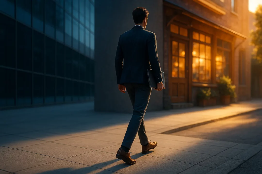 Un Homme En Costume Marche Sur Un Trottoir De La Ville Au Coucher Du Soleil, Tenant Un Ordinateur Portable Et Passant Devant Un Bâtiment Dont Les Grandes Fenêtres Reflètent La Lumière Du Soleil.