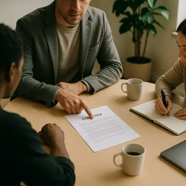 Trois Personnes Sont Assises Autour D'une Table Et Discutent D'un Document Intitulé "stratÉgies". Une Personne Montre Le Document Tandis Qu'une Autre Prend Des Notes ; Des Ordinateurs Portables Et Des Tasses à Café Sont Posés Sur La Table.