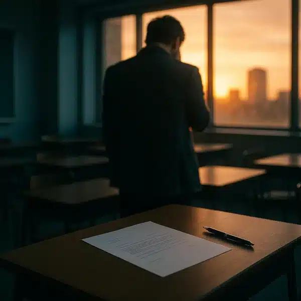 Une Personne Se Tient Dans Une Salle De Classe Faiblement éclairée Au Coucher Du Soleil, Avec Au Premier Plan Un Bureau Sur Lequel Se Trouvent Une Feuille De Papier Et Un Stylo.