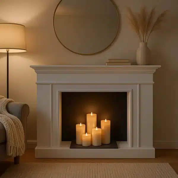 Un Salon Confortable Présente Un Lampadaire Allumé, Un Fauteuil Avec Une Couverture, Une Fausse Cheminée Avec Plusieurs Bougies Allumées, Un Miroir Rond Et Un Vase Avec De L'herbe De La Pampa.