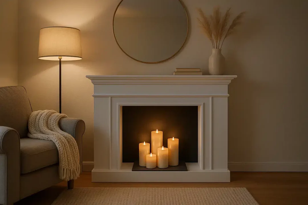 Un Salon Confortable Présente Un Lampadaire Allumé, Un Fauteuil Avec Une Couverture, Une Fausse Cheminée Avec Plusieurs Bougies Allumées, Un Miroir Rond Et Un Vase Avec De L'herbe De La Pampa.