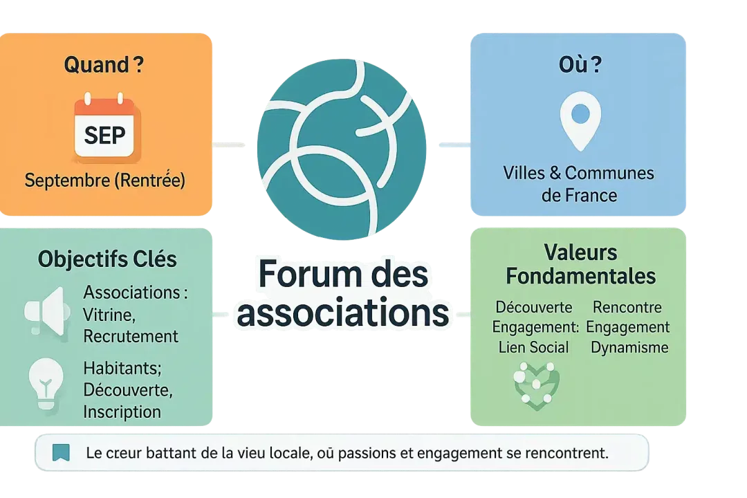 Forum des associations avec des stands colorés et des visiteurs curieux