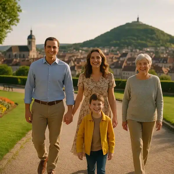 Quatre Personnes Un Homme Adulte, Une Femme, Une Femme âgée Et Un Jeune Garçon Marchent Ensemble Dans Un Parc Ensoleillé Avec Des Fleurs Et Un Paysage Urbain Européen En Arrière Plan.