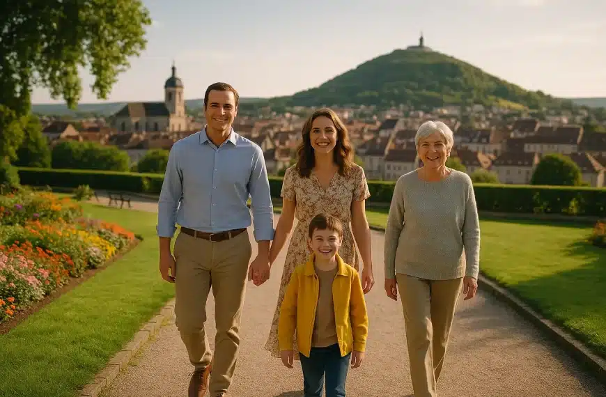 Quatre Personnes Un Homme Adulte, Une Femme, Une Femme âgée Et Un Jeune Garçon Marchent Ensemble Dans Un Parc Ensoleillé Avec Des Fleurs Et Un Paysage Urbain Européen En Arrière Plan.