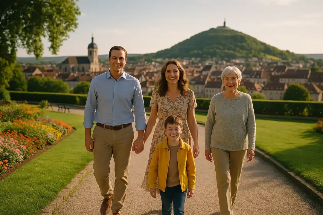 Quatre Personnes Un Homme Adulte, Une Femme, Une Femme âgée Et Un Jeune Garçon Marchent Ensemble Dans Un Parc Ensoleillé Avec Des Fleurs Et Un Paysage Urbain Européen En Arrière Plan.