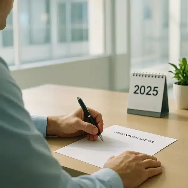 Une Personne Est Assise à Un Bureau Et Rédige Une Lettre De Démission, Avec En Arrière Plan Une Petite Plante Et Un Calendrier De Bureau Affichant L'année 2025.