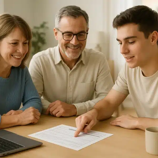 Trois Personnes Sont Assises à Une Table Avec Un Ordinateur Portable, Une Tasse Et Un Document, Tandis Que Le Jeune Homme Montre Le Papier. Les Deux Adultes Regardent Et Sourient.