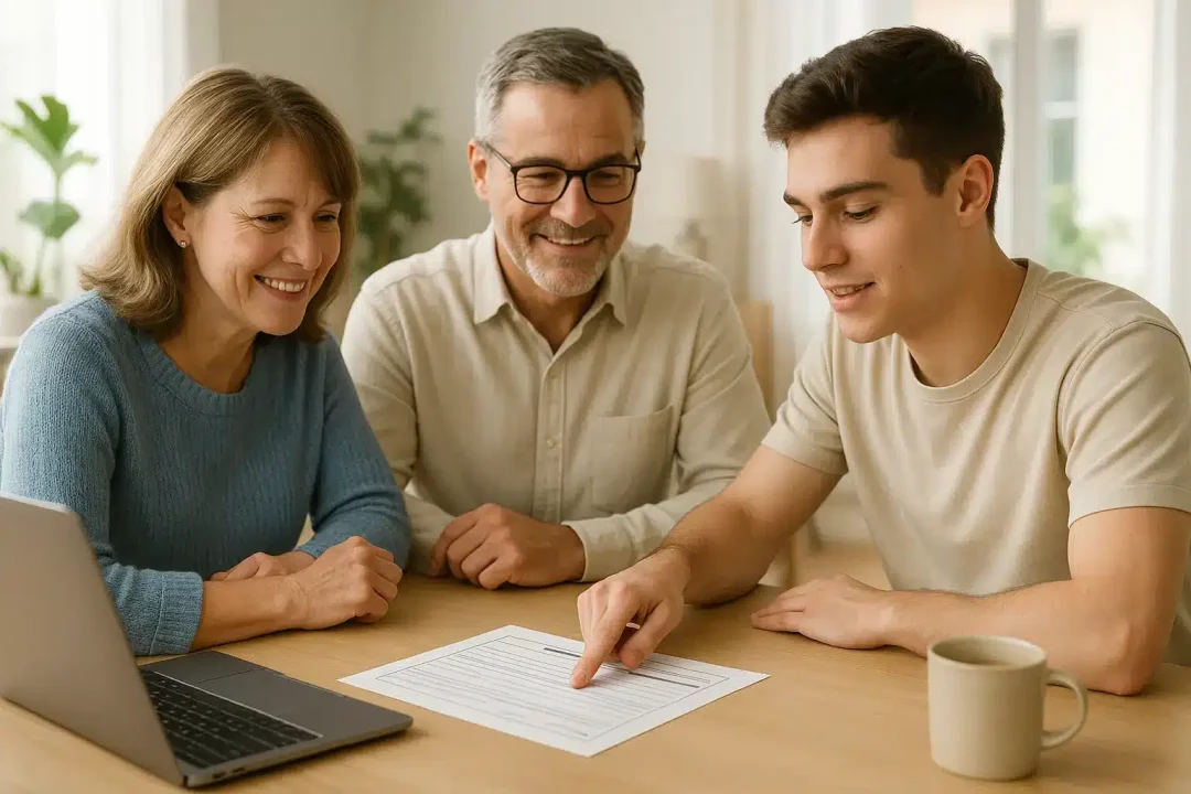 Trois Personnes Sont Assises à Une Table Avec Un Ordinateur Portable, Une Tasse Et Un Document, Tandis Que Le Jeune Homme Montre Le Papier. Les Deux Adultes Regardent Et Sourient.