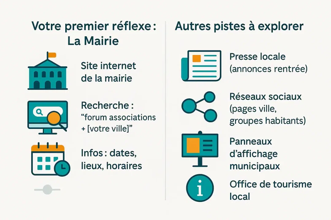 Illustration d'un forum des associations avec des stands colorés et des visiteurs en interaction