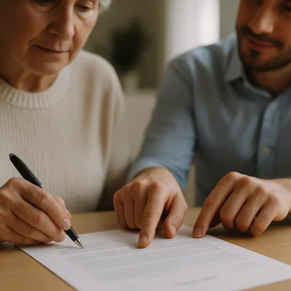Une Femme âgée Tient Un Stylo Et S'apprête à Signer Un Document Tandis Qu'un Homme Plus Jeune Est Assis à Côté D'elle, Pointant Du Doigt Le Papier.