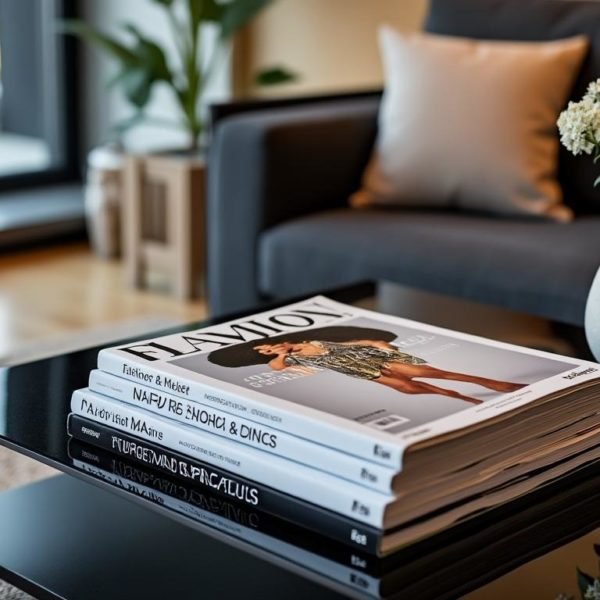 Une Pile De Magazines De Mode Sur Une Table Basse Noire, à Côté D'un Vase De Fleurs Blanches, Avec Un Canapé Gris En Arrière Plan.