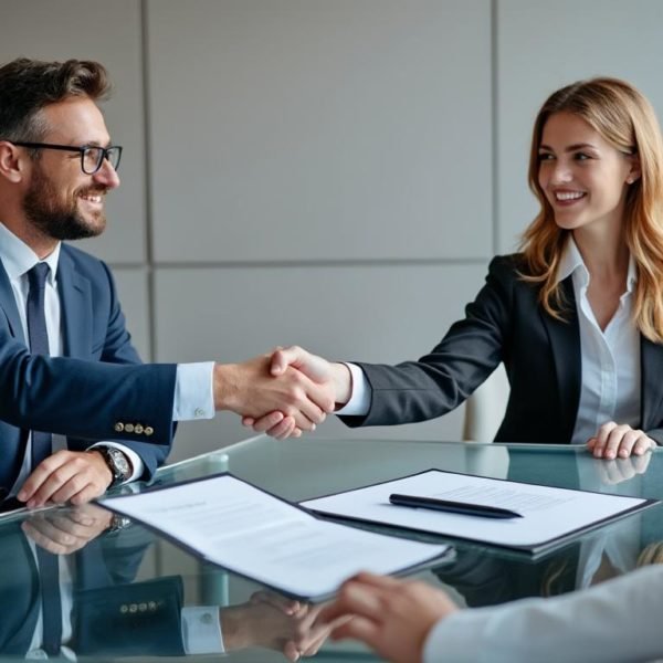 Deux Personnes En Tenue De Travail Se Serrent La Main Autour D'une Table En Verre Contenant Des Documents Et Un Stylo, Tandis Qu'une Troisième Personne Observe Dans Un Bureau Moderne.